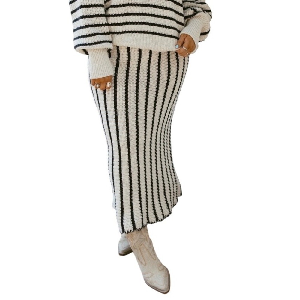 Heyson Plus Size 3XL Knit Maxi Skirt Cream Black Striped Cotton Crochet NWT